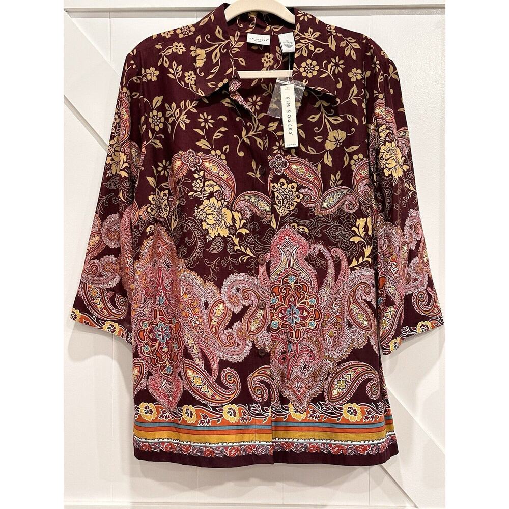 NWT Kim Paisley Burgundy Pink Button Front Blouse Three Quarter Sleeves Sz 1X